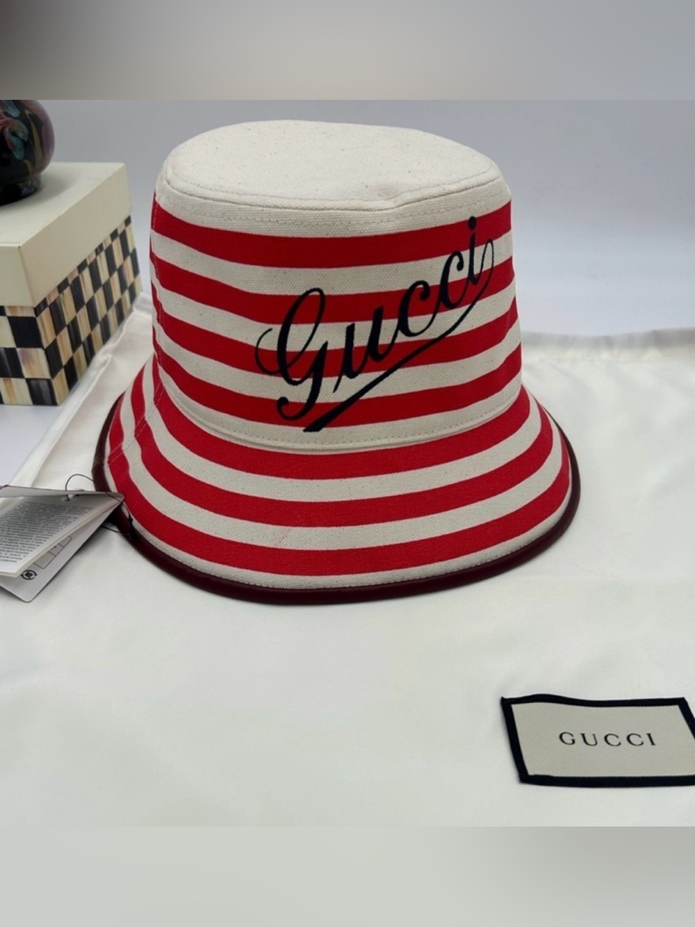 Women’s Gucci, striped canvas bucket hat, size large made in Italy